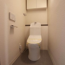 トイレの上部には棚があり、トイレットペーパーなどのストックを置くことができます。