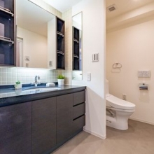 【洗面室】収納力のある洗面台。奥にはトイレがあります。