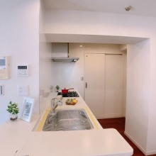 キッチンは奥の扉で洗面室・洗濯機置場と繋がっており、家事動線を考えた設計となっています。
