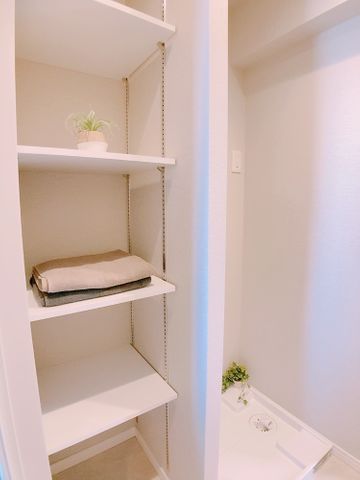 脱衣室には衣類やリネン類の収納に便利な可動棚が取り付けられています。