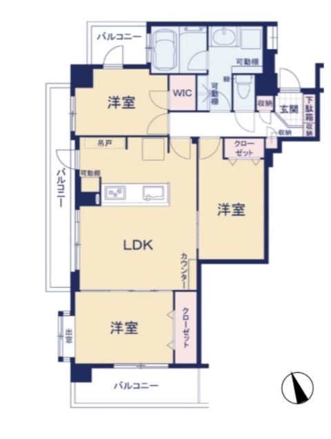 3LDK、専有面積77.79㎡、バルコニー面積18.21㎡。