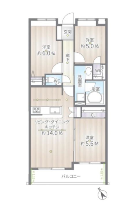 3LDK、専有面積68.19㎡、バルコニー面積9.28㎡。